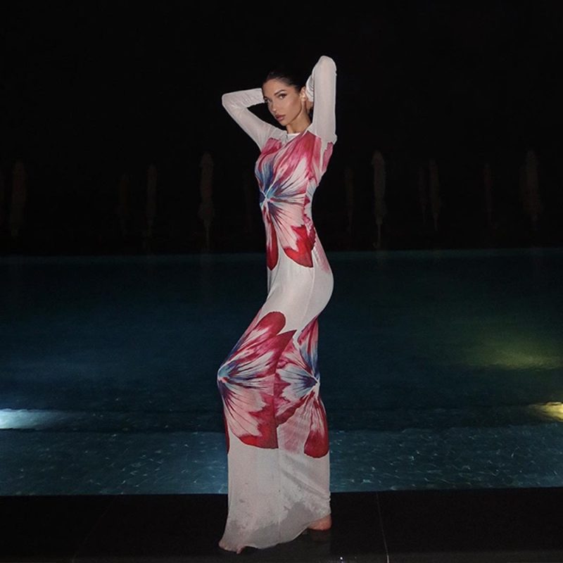 Women’s Summer Sheer Long Sleeve Printed Dress - Image 2