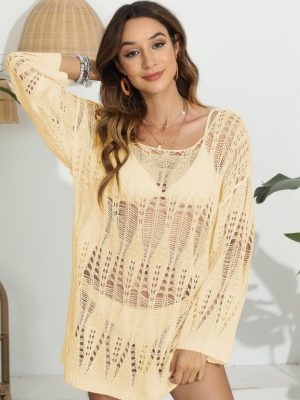 Sheer Woven Cutout Long Sleeve Beach Cover