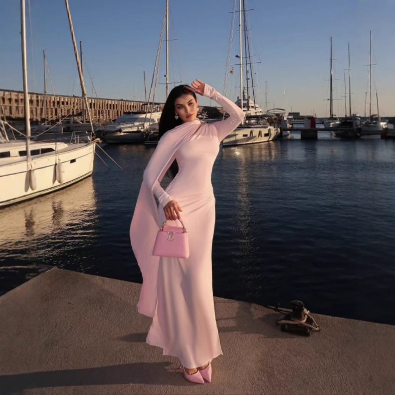 Elegant Pleated Cloak Long Slim Dress for Women