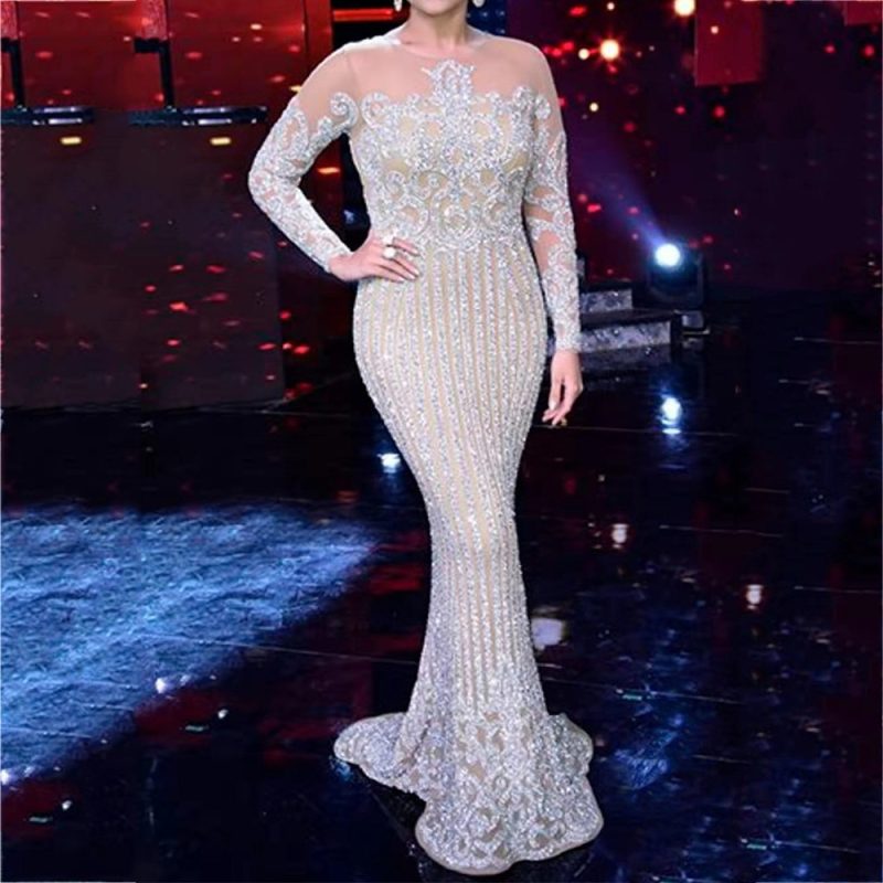 Elegant Bronzing Long Sleeve Women’s Maxi Ball Gown