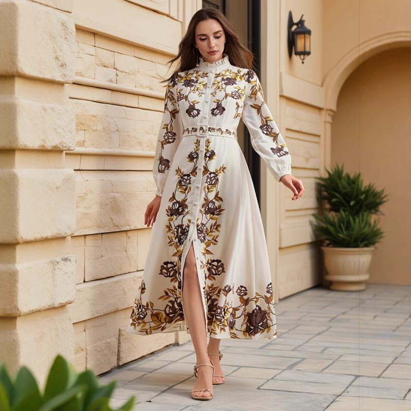 Elegant Long Sleeve Retro Floral Maxi Dress Women