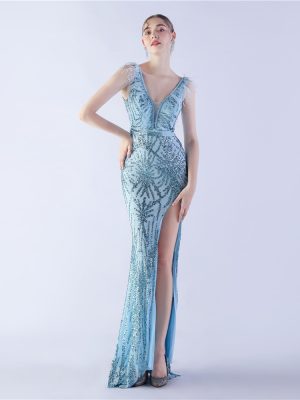 Women’s Ostrich Feather Beaded Side Slit Evening Dress