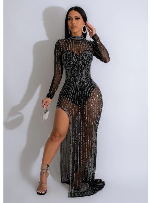 Women Wear Solid Color Mesh Drilling Split Maxi Dress