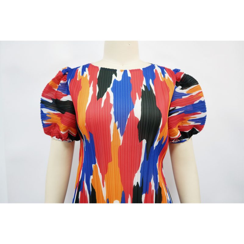 Women’s Short Sleeve Pleated Printed Casual Dress - Image 3