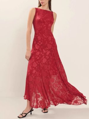 Women’s Red Lace Backless Asymmetric Jacquard Dress