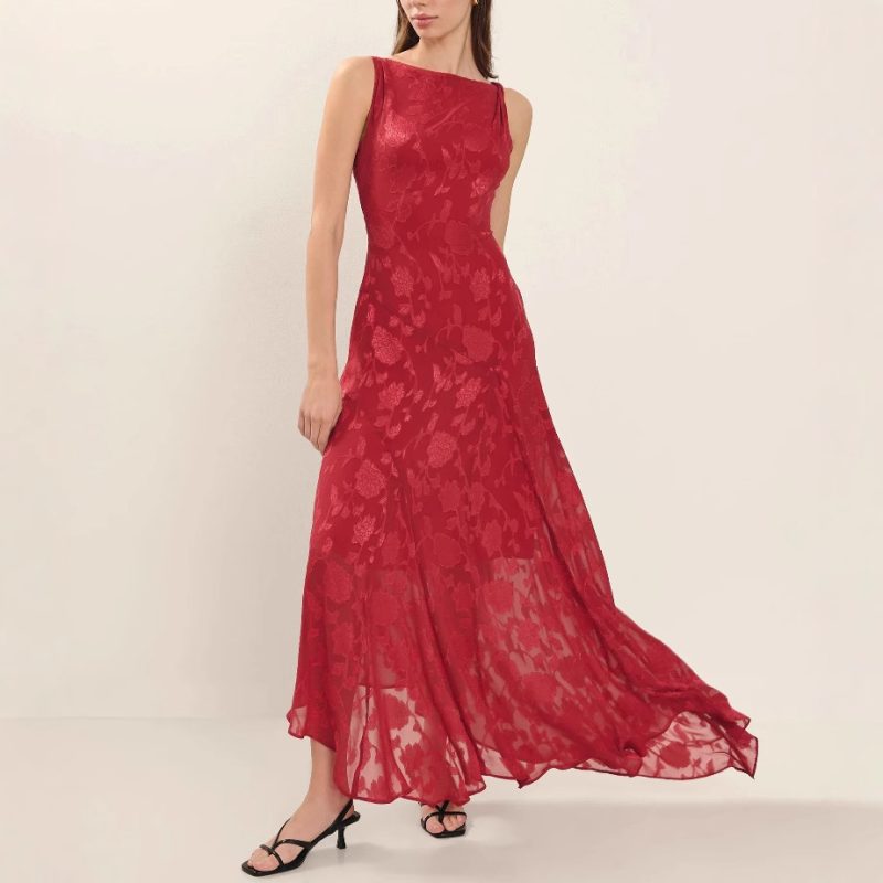 Women’s Red Lace Backless Asymmetric Jacquard Dress