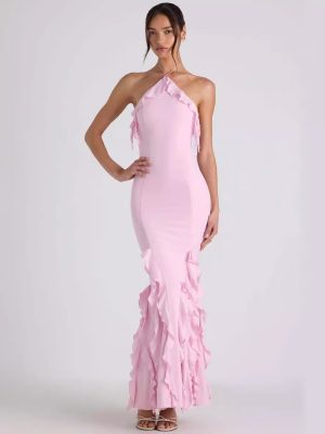 Women’s Pleated Ruffle Halter Backless Summer Maxi Dress