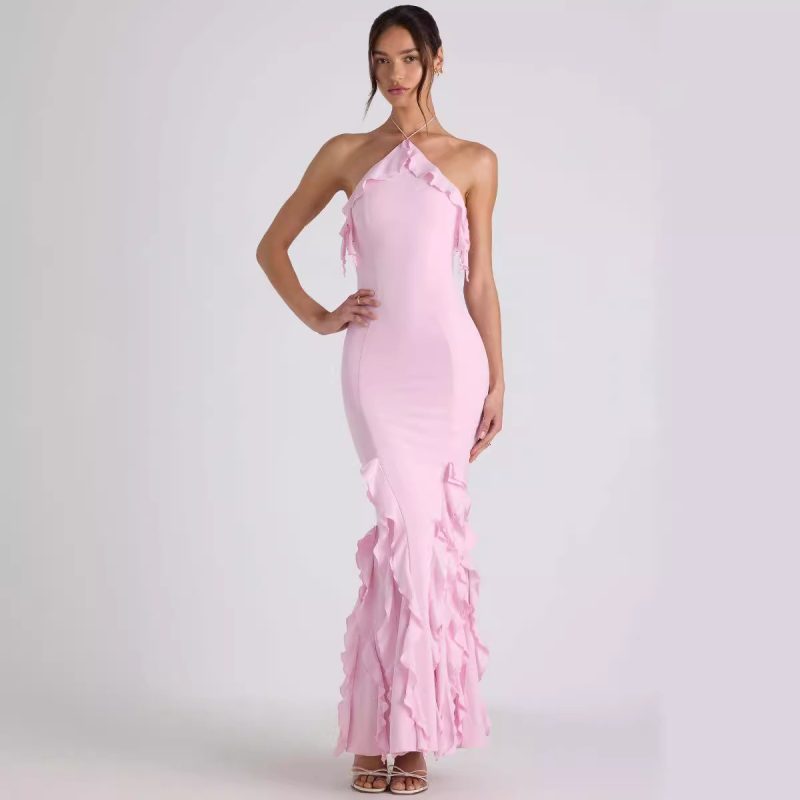 Women’s Pleated Ruffle Halter Backless Summer Maxi Dress