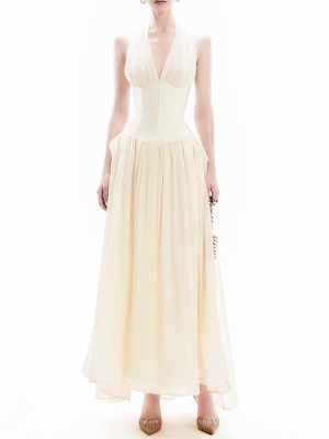 Elegant Embroidered Cutout Mesh Halter Waist Maxi Dress