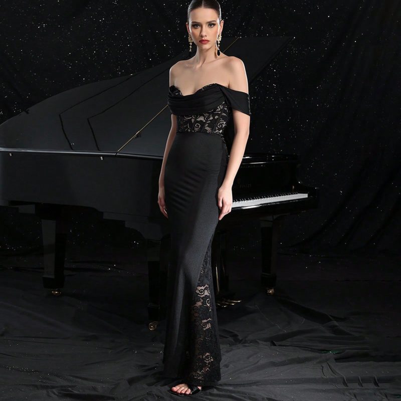 Off Shoulder Lace Stitching Slim Sheath Maxi Dress