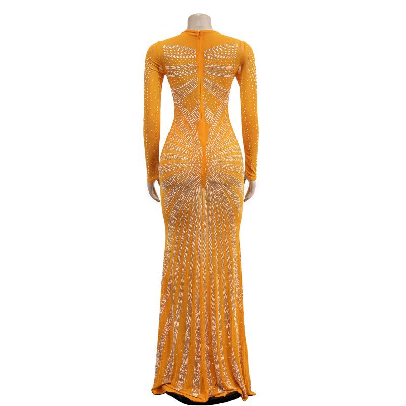 Women Solid Mesh Rhinestone Long Sleeve Dress - Image 4