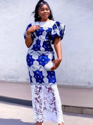 Women’s Printed Lace Stitch Lantern Sleeve Dress