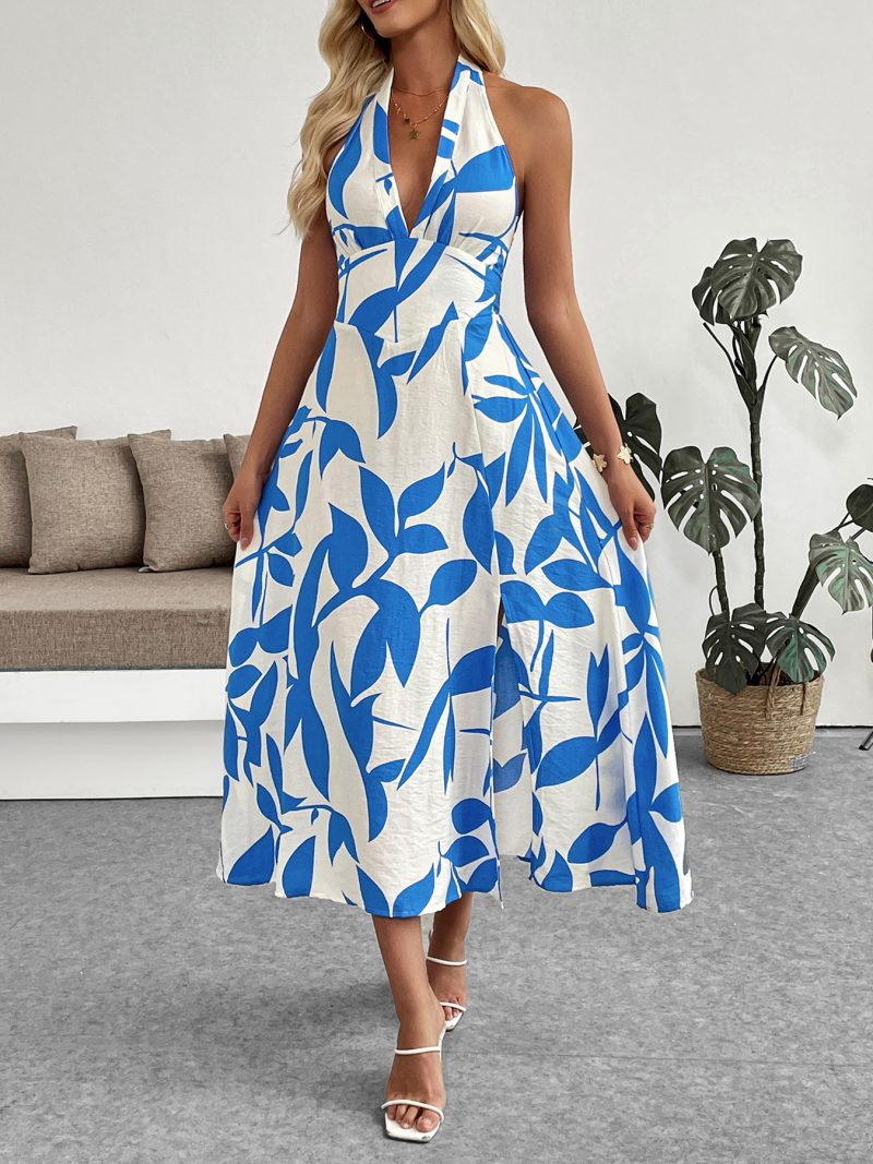Floral Printed Halter Backless Seaside Vacation Dress - Image 2