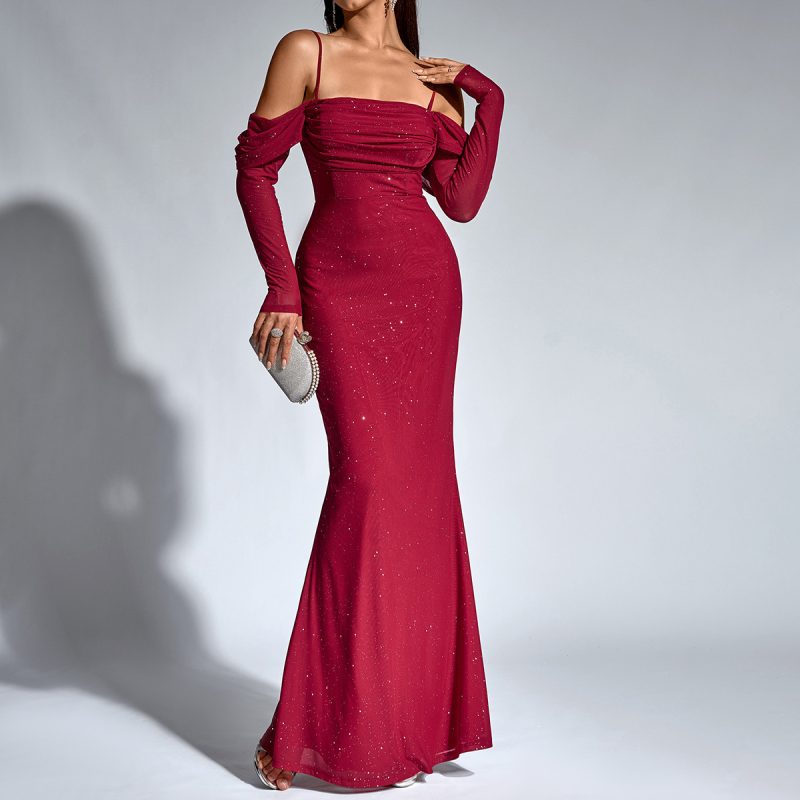 Women’s Mesh Silver Stripe Backless Fishtail Dress