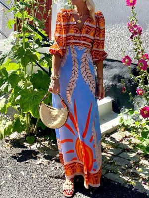Trendy Boho Printed Backless Mid-Length Autumn Dress