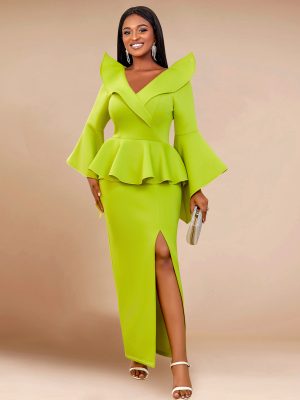 Trendy Bell Sleeve Ruffled Cocktail Party Evening Dress