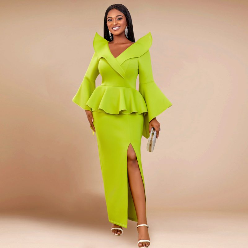 Trendy Bell Sleeve Ruffled Cocktail Party Evening Dress