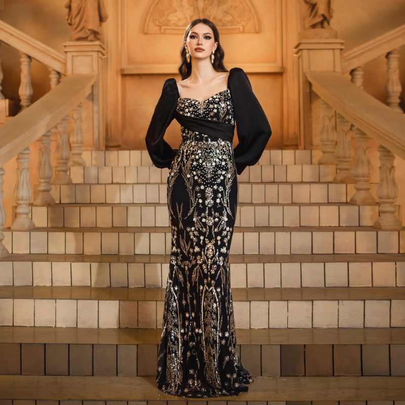 Women’s Sequin Square Neck Long Sleeve Evening Dress