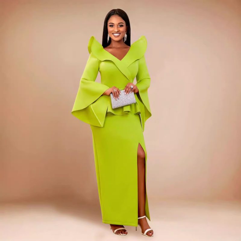Trendy Bell Sleeve Ruffled Cocktail Party Evening Dress - Image 4