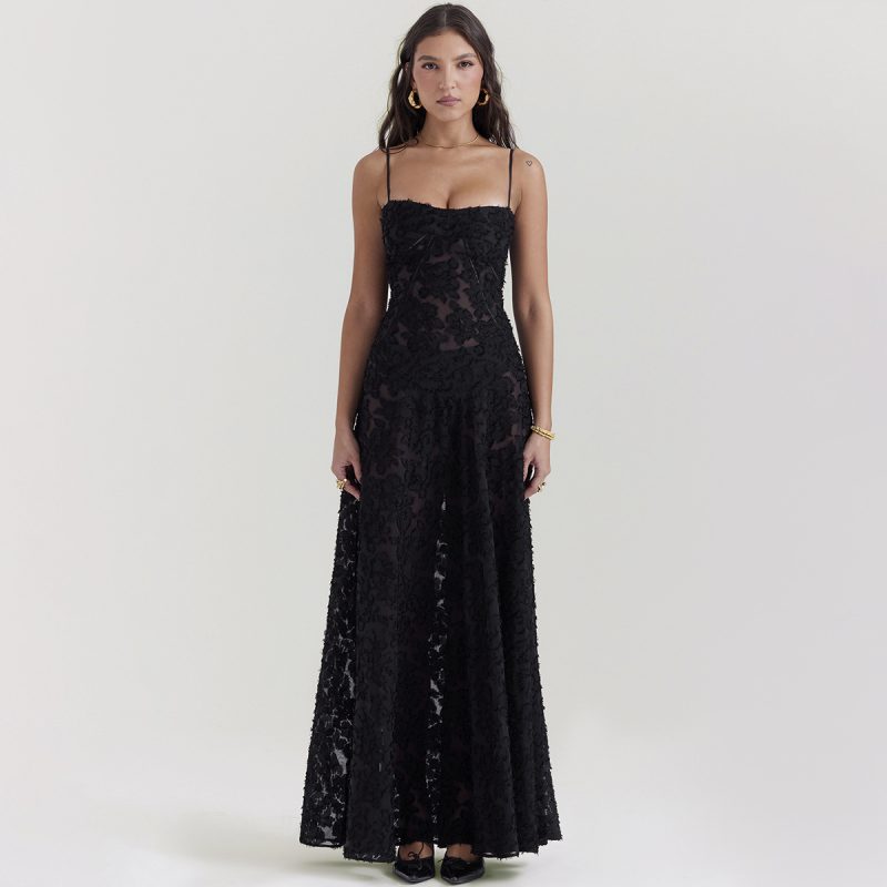 Women Black See-Through Backless Maxi Evening Dress - Image 2