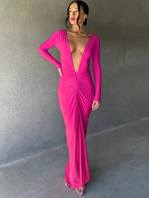 Summer Women’s V-Neck Slim Pleated Long Dress