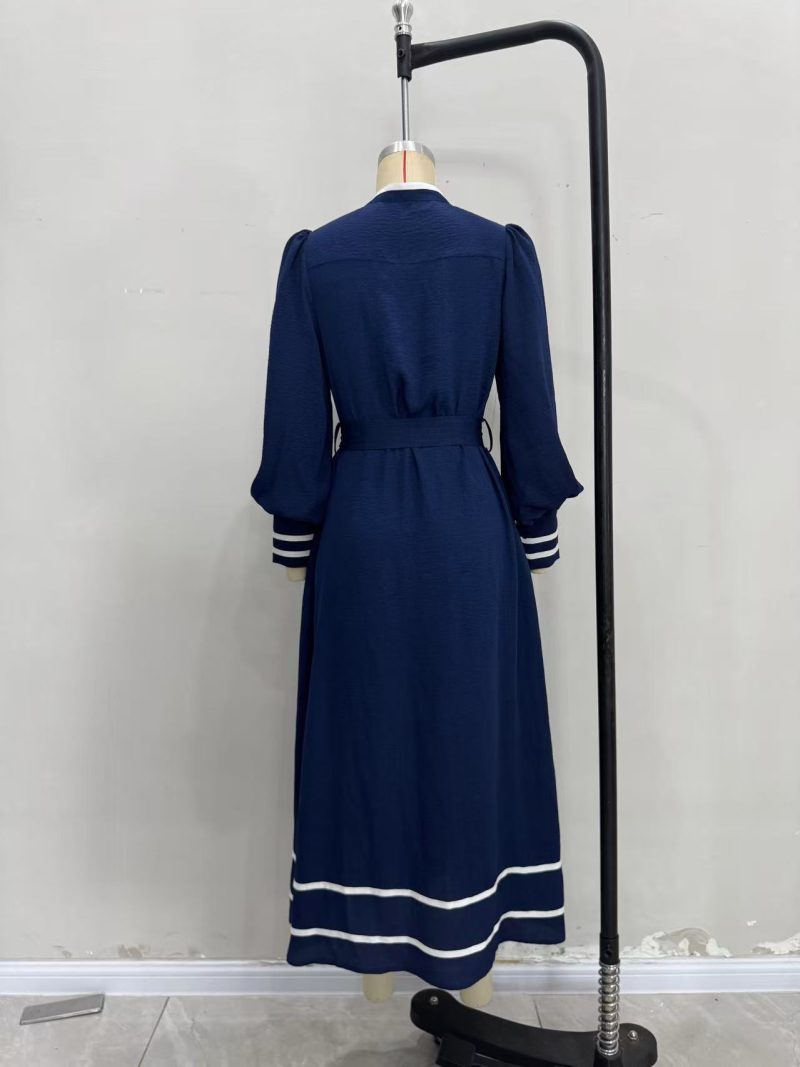Retro Women’s V-Neck White Striped Tie Dress - Image 4