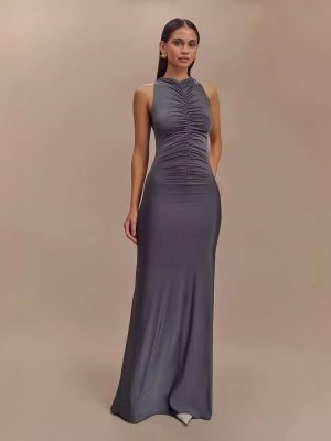 Autumn Winter Sleeveless Pleated Solid Maxi Dress