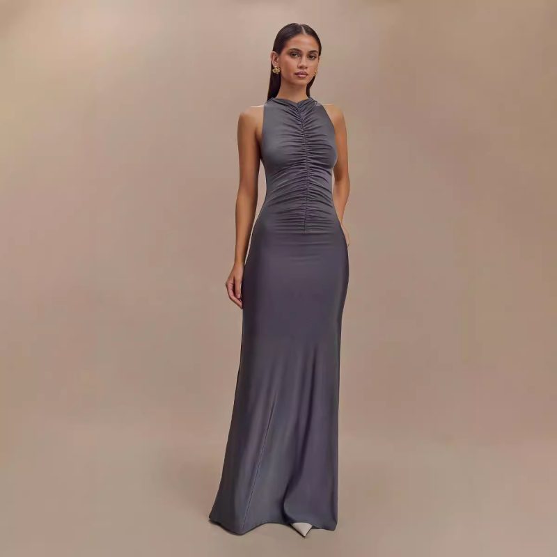 Autumn Winter Sleeveless Pleated Solid Maxi Dress
