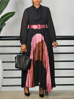Trendy Color Matching Pleated Plus Size Women’s Dress