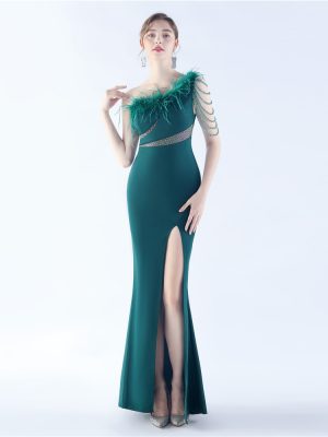 Rhinestone Beaded One Shoulder Feather Evening Dress