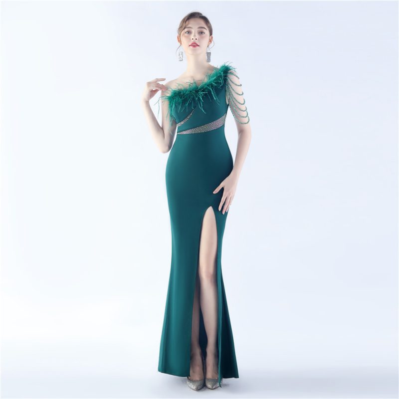 Rhinestone Beaded One Shoulder Feather Evening Dress