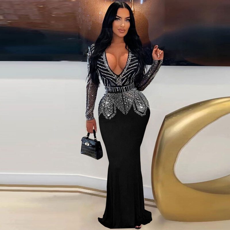 Elegant Rhinestone Slim Fit V-Neck Sheath Dress