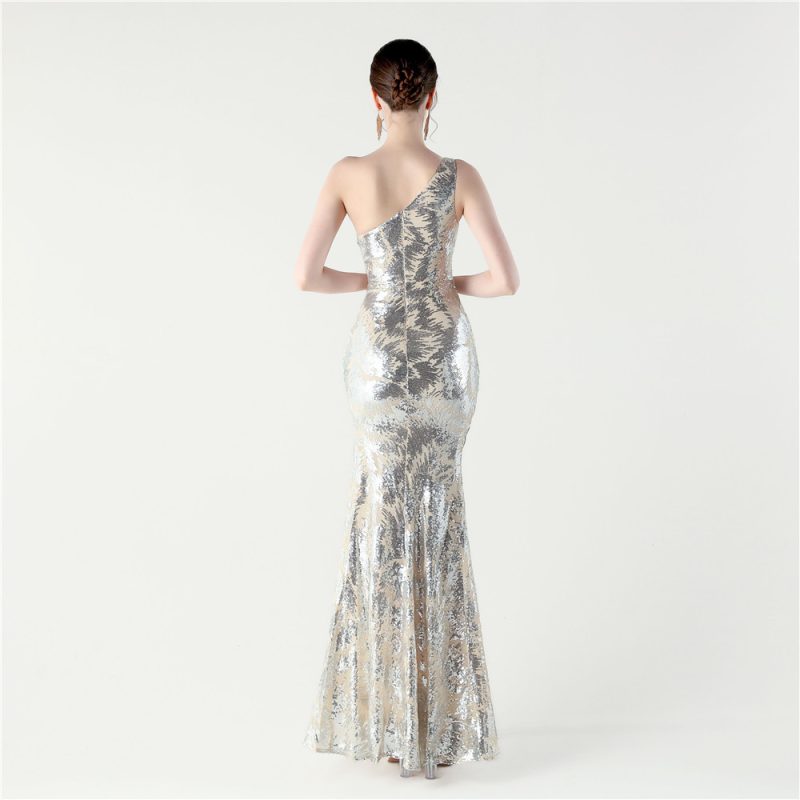 Women’s One-Shoulder Sequin Gauze Evening Dress - Image 3