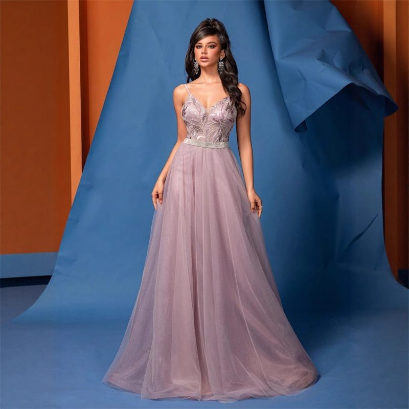 Women’s Pink Sequin V-Neck Bridesmaid Dress