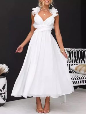 Summer Sleeveless Solid Color Lace Up Dress