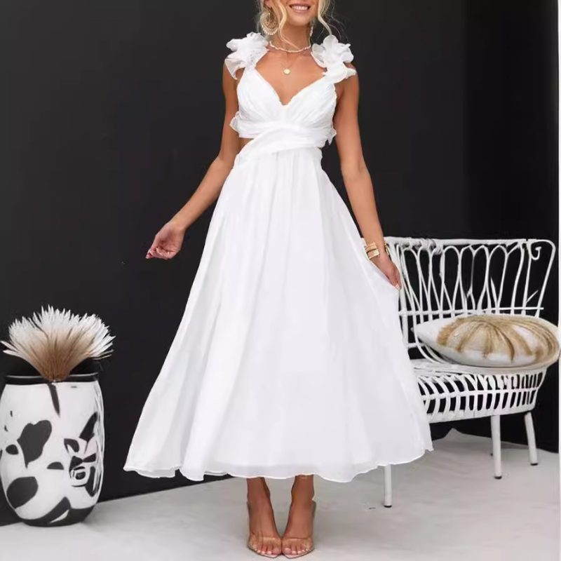 Summer Sleeveless Solid Color Lace Up Dress
