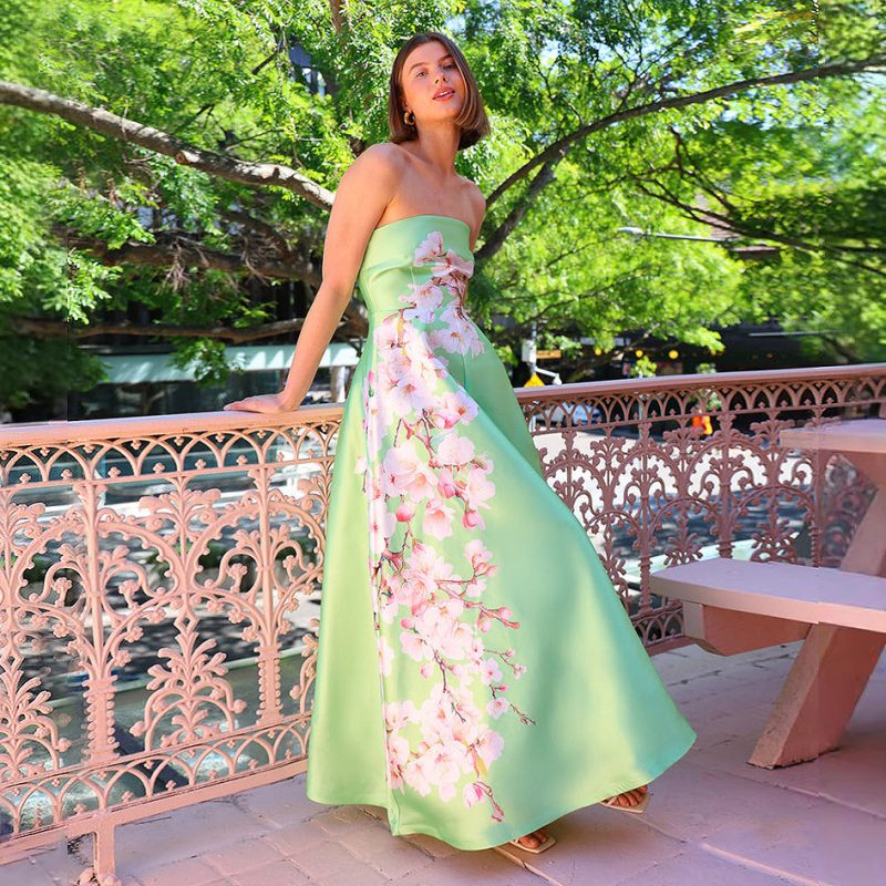 Printed Satin Tube Top High Waist Dress