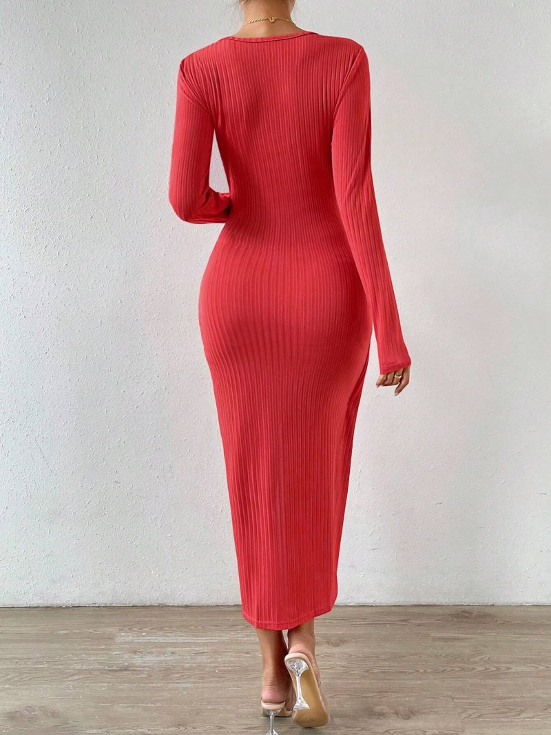 Autumn Winter Women Office Slit Sheath Dress - Image 2