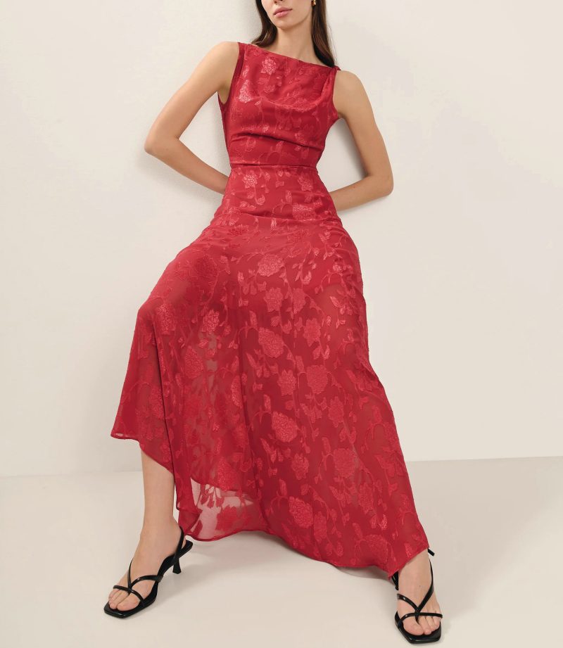 Women’s Red Lace Backless Asymmetric Jacquard Dress - Image 3
