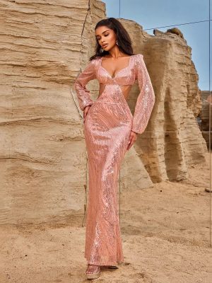 Women’s Evening Gown with Sequins and V-Neck