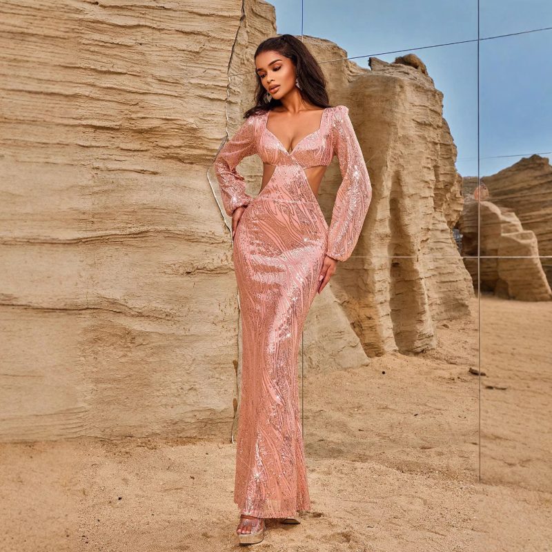 Women’s Evening Gown with Sequins and V-Neck