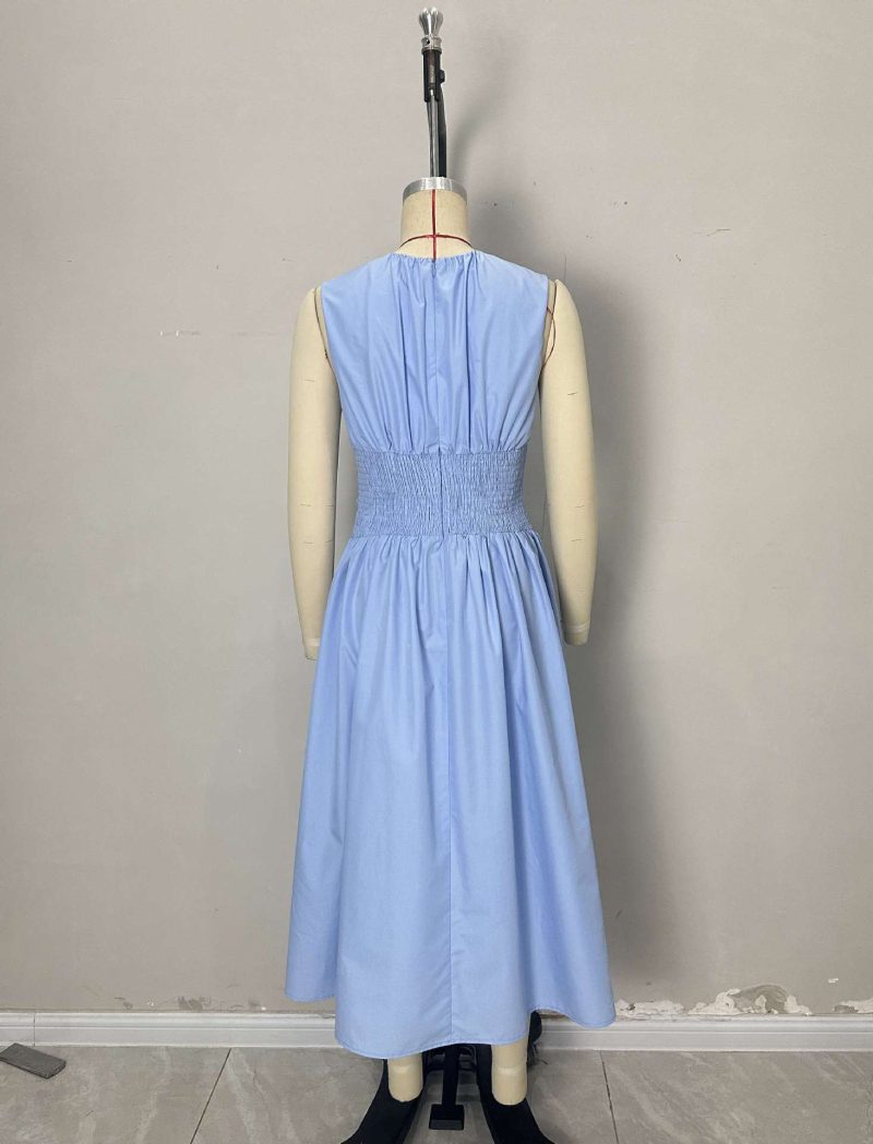 Elegant Blue Round Neck Pleated Swing Dress - Image 4