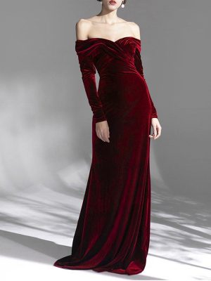 Off-Shoulder Velvet Long Sleeve Evening Gown