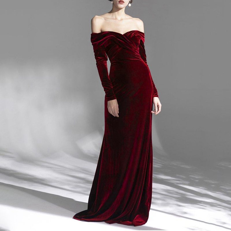 Off-Shoulder Velvet Long Sleeve Evening Gown