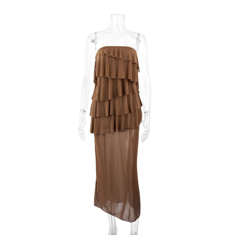Tube Top Layered Ruffled Patchwork Mesh Maxi Dress - Image 3