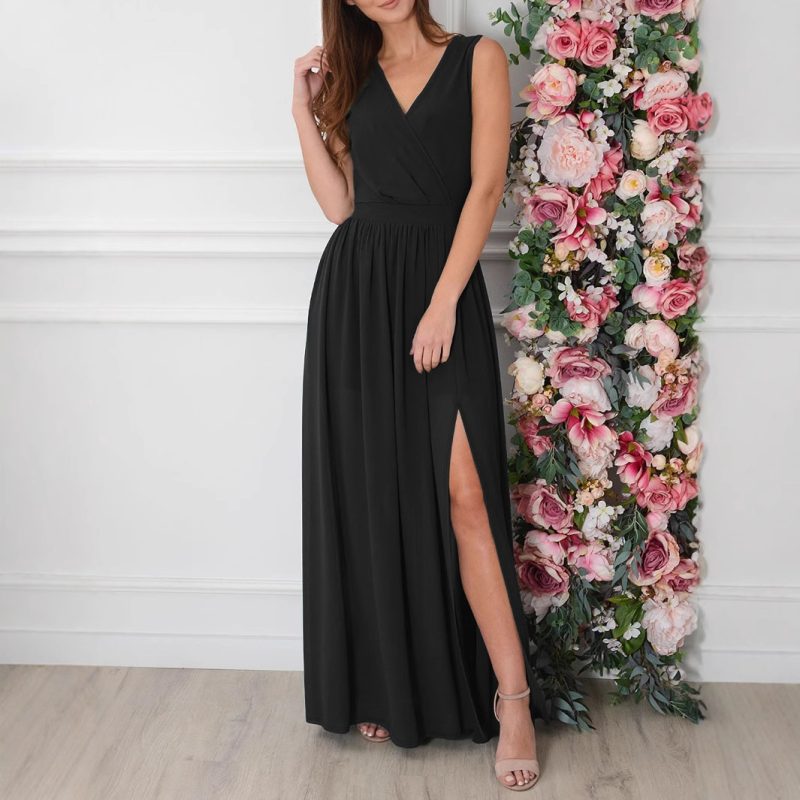 Women’s Summer Solid V-Neck Slit Dress - Image 4