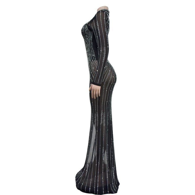 Women Wear Solid Color Mesh Drilling Split Maxi Dress - Image 3