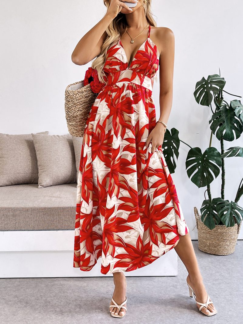 Summer Beach Vacation Maple Leaf Printed Dress - Image 4