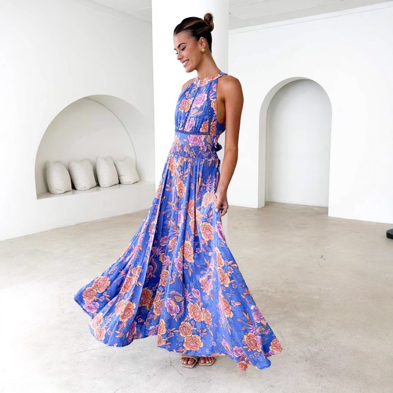 Printed Halter Bohemian High Waist Floral Dress - Image 2