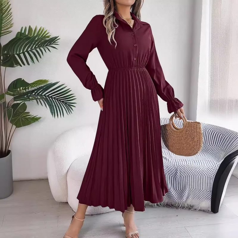 Autumn Winter Collared Buttoned Pleated Maxi Dress - Image 4